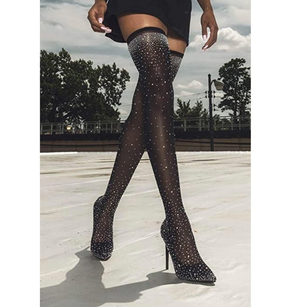 Black Diamante Pointed Toe Thigh High Heeled Mesh Sock Boots